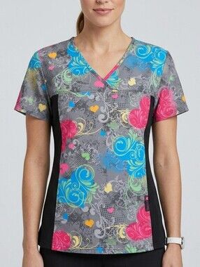 ​Actual Apparel Colorful Heart Swirl Mock Wrap Scrub Top - S